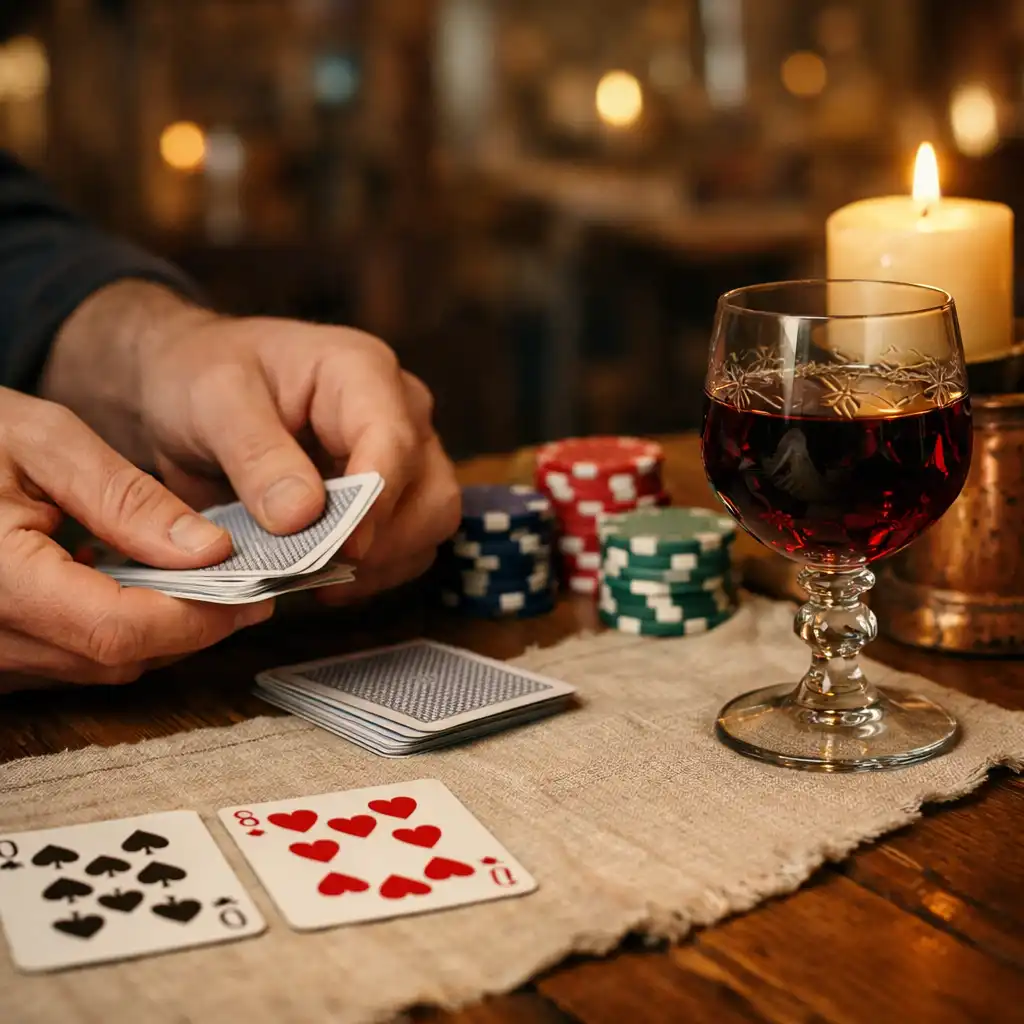Detail rukou rozdávajících karty na dřevěném pokerovém stole, vedle žetony a sklenka moravského vína