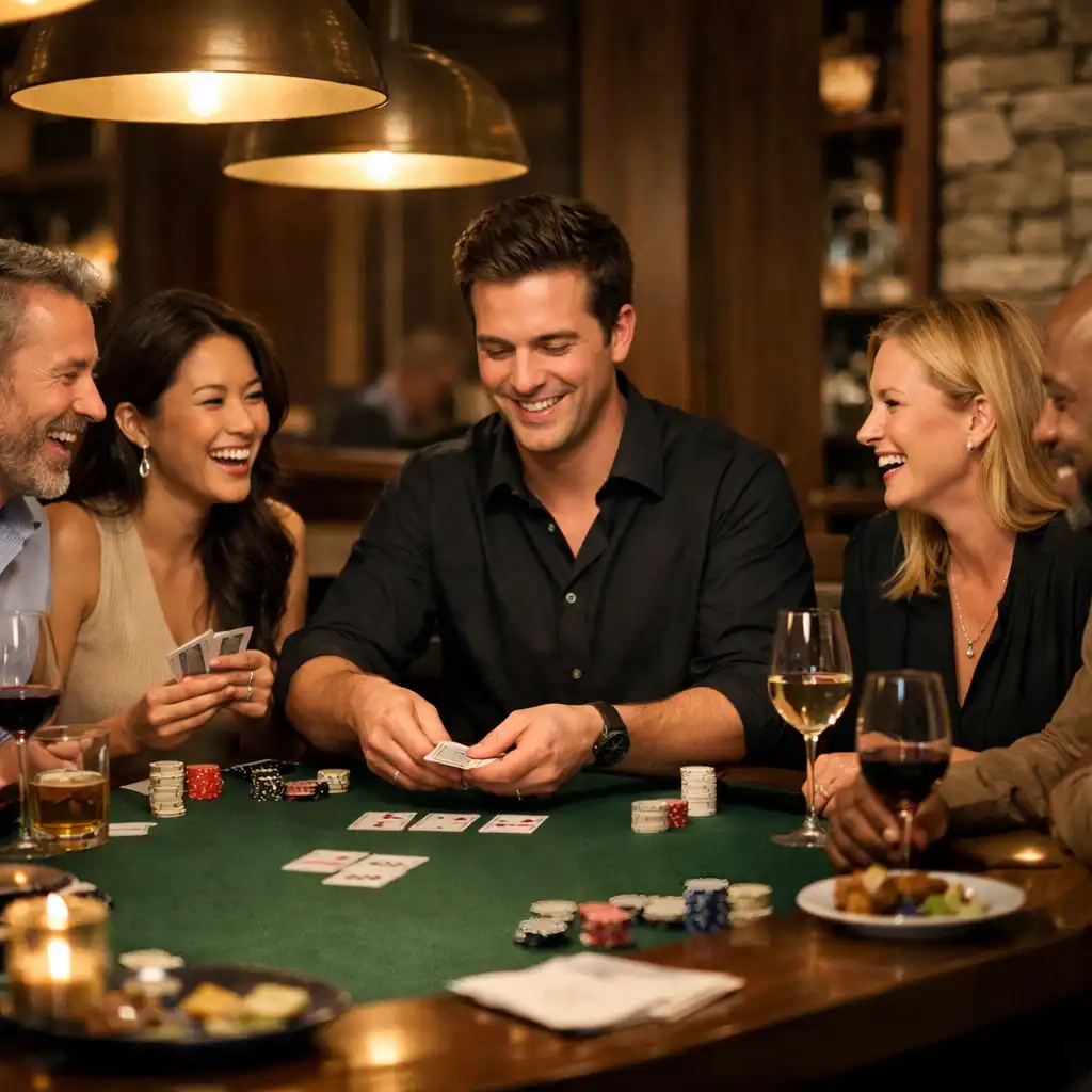 Skupina přátel kolem pokerového stolu v restauraci, smějí se a povídají si, teplé světlo závěsných lamp