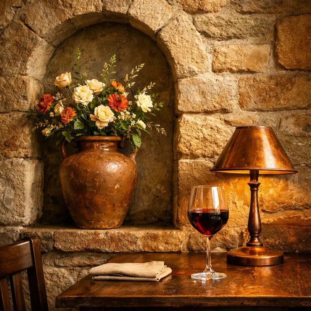 Detail kamenné zdi s obloukovým výklenkem a keramickou vázou v restauraci Lahodny Chod