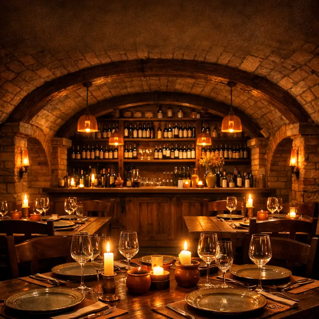 Atmosférický interiér restaurace Lahodny Chod inspirovaný moravským vinným sklepem s klenutými stropy a teplým osvětlením