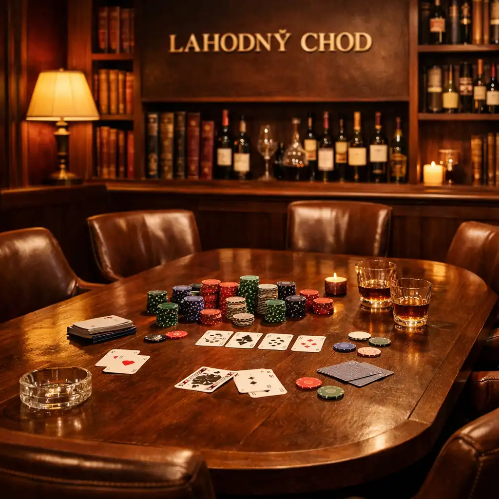 Soukromý salonek s velkým dřevěným stolem a pokerovými kartami v restauraci Lahodny Chod