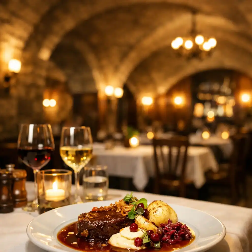 Atmosférický interiér restaurace Lahodny Chod s kamennými klenbami, teplým osvětlením a detailně nasvíceným pokrmem na stole