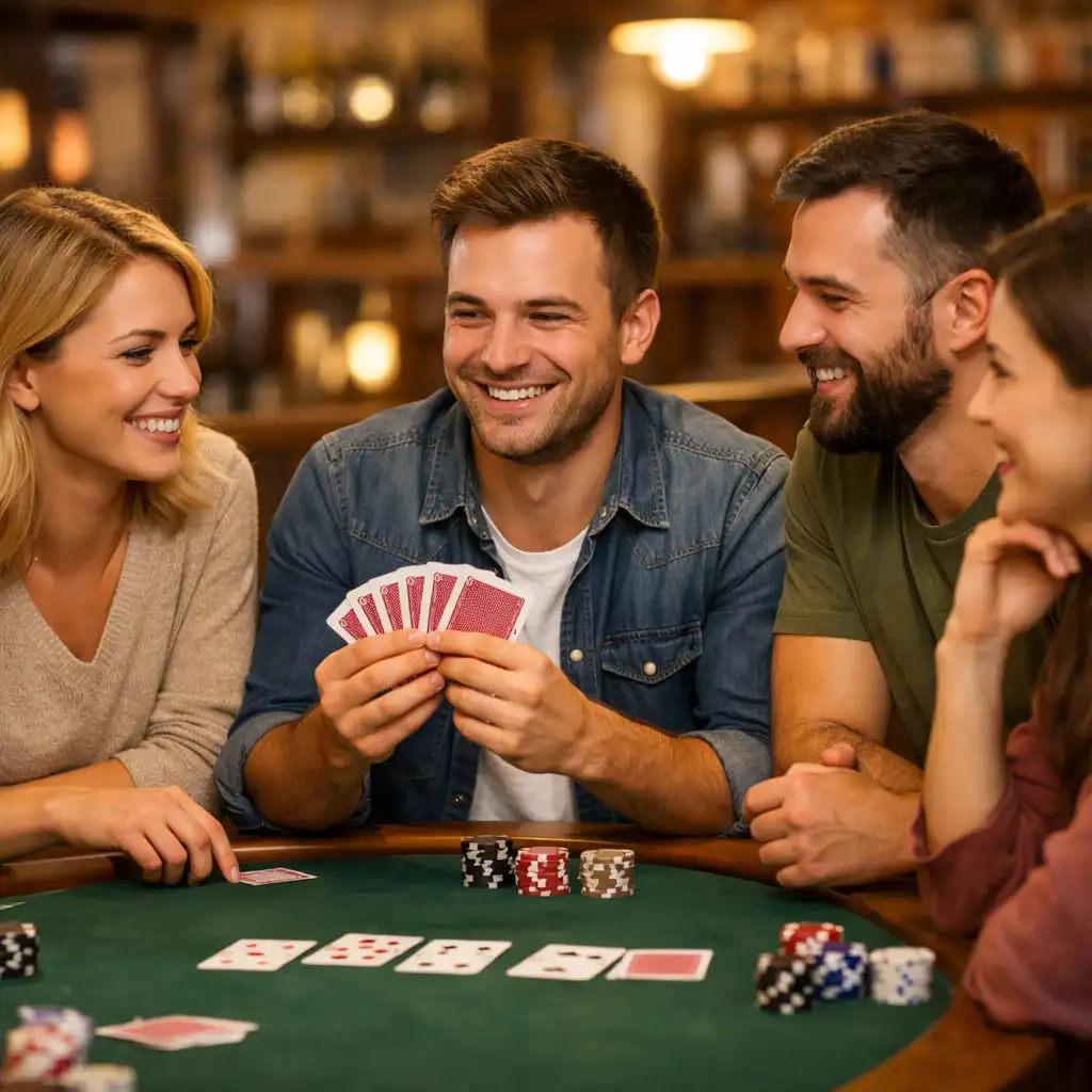 Skupina přátel sedících u pokerového stolu v restauraci, usmívajících se a diskutujících, s teplým osvětlením a dřevěným nábytkem
