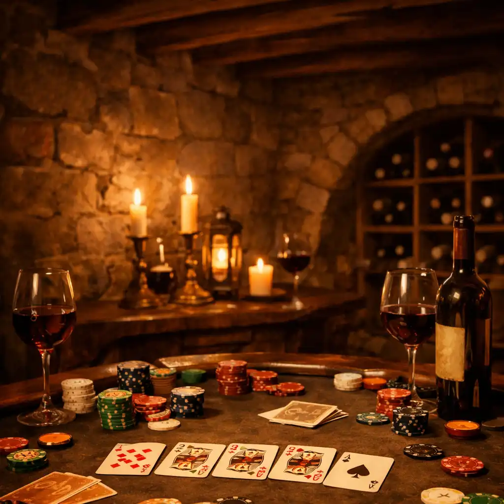 Atmosférický pokerový stůl v intimním vinném sklípku s kamennými zdmi, dřevěnými trámy, kartami, žetony, svíčkami a sklenicemi vína