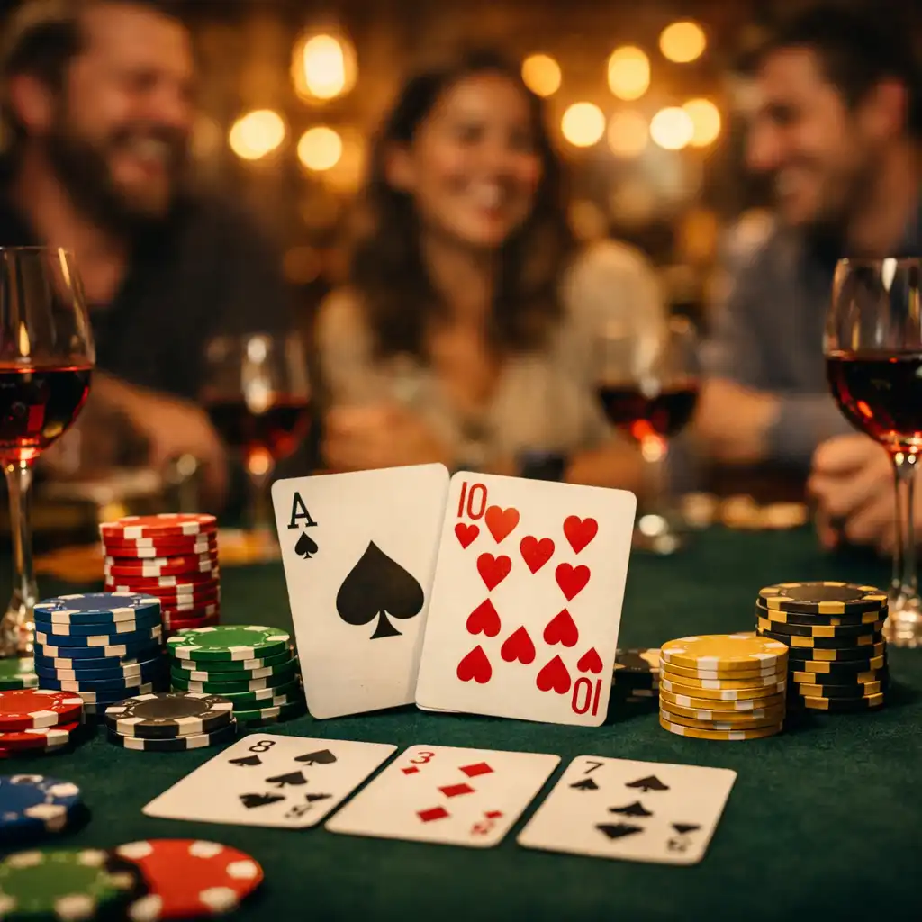 Pokerový stůl s kartami a žetony v teplém světle restaurace