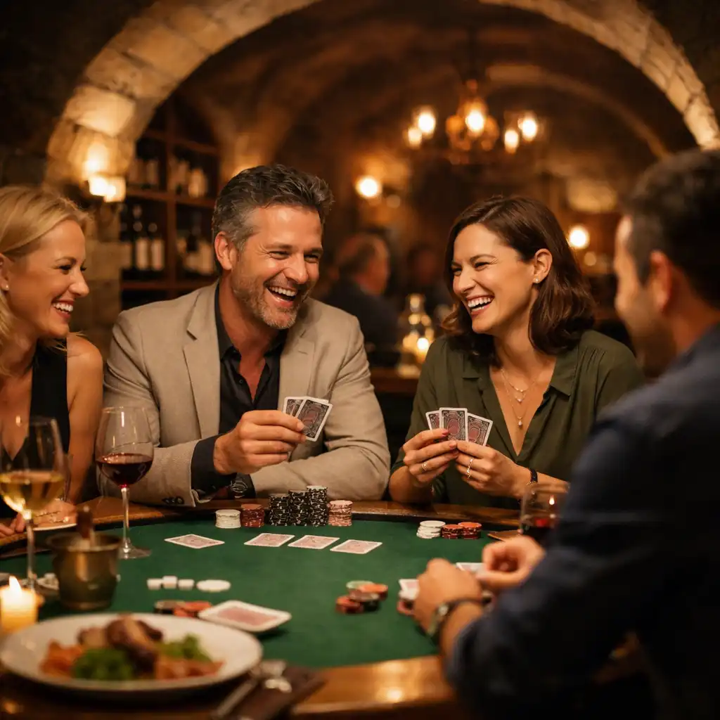 Elegantní pokerový stůl v restauraci s klenutým stropem, hosté se smějí a hrají karty, na stole víno a jídlo