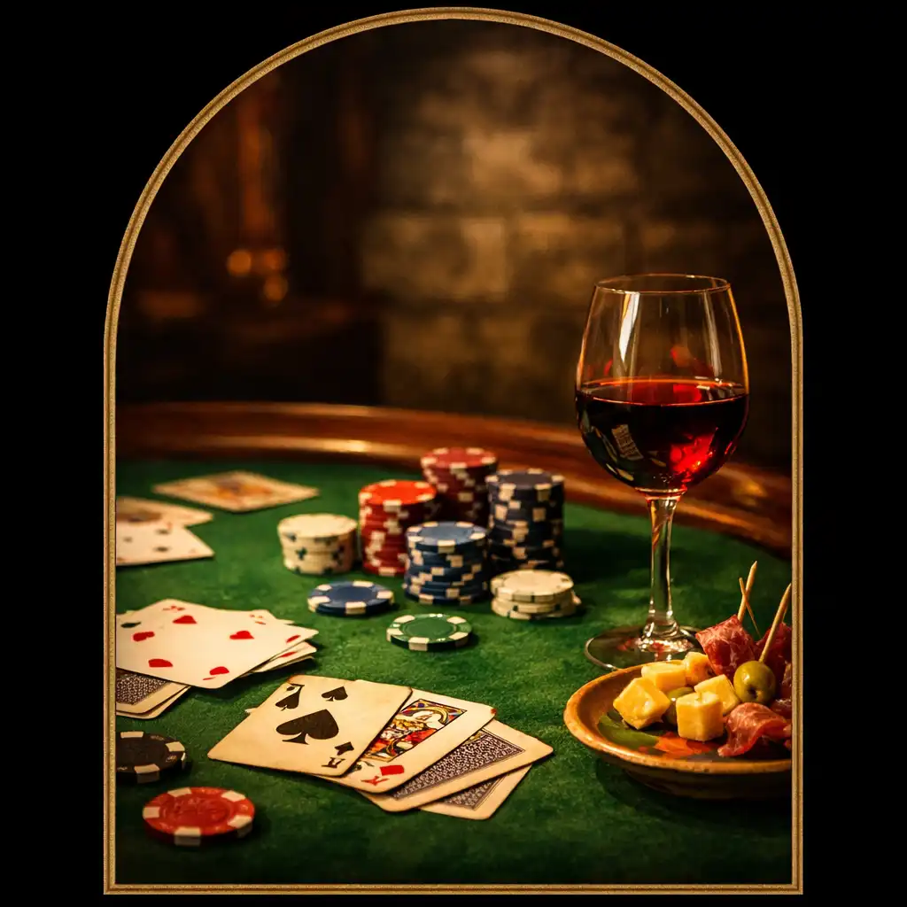 Detail pokerového stolu se zeleným suknem, kartami a žetony v teplém světle, vedle sklenice červeného vína a malého talíře s předkrmem