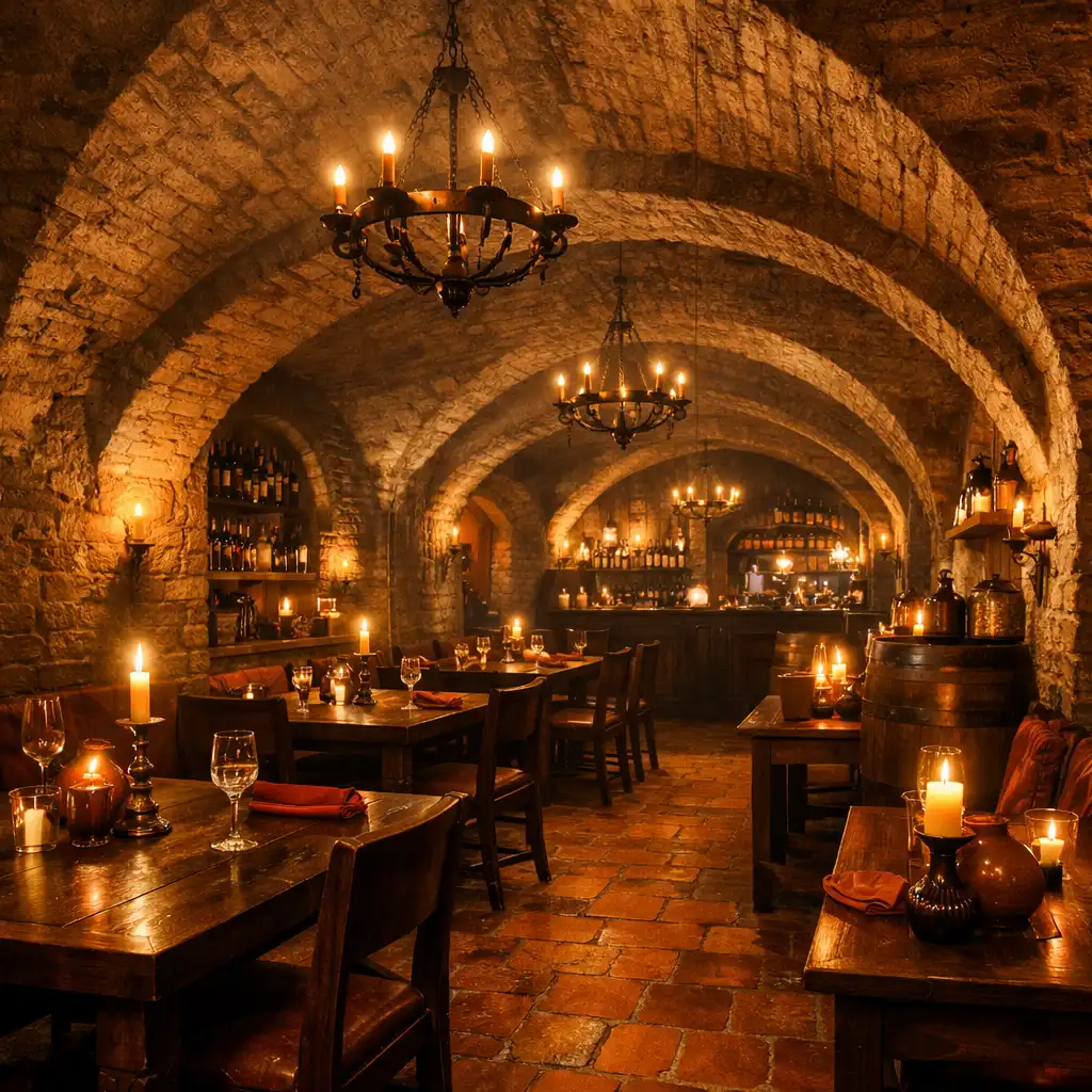 Atmosférický interiér restaurace Lahodny Chod s klenutým stropem, kamennými zdmi a teplým osvětlením