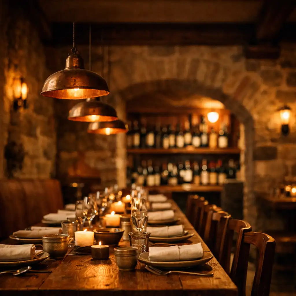 Interiér restaurace Lahodny Chod s klenutým stropem, kamennými zdmi a teplým osvětlením